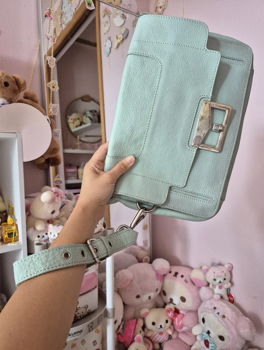 Mint Green Genuine Pebbled Leather Clutch Wristlet